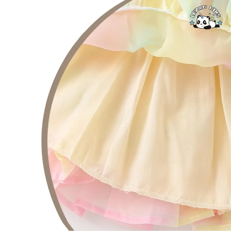 LEZONKIDS - High Quality Summer Rimbow Dress Short Puff Sleeve Princess Girls Dress for 2 to 14T